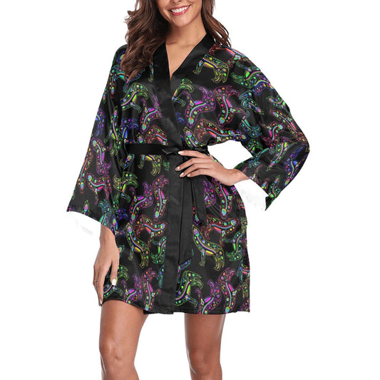 Neon Floral Wolves Long Sleeve Kimono Robe Long Sleeve Kimono Robe e-joyer 