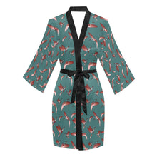 Load image into Gallery viewer, Red Swift Turquoise Long Sleeve Kimono Robe Long Sleeve Kimono Robe e-joyer 
