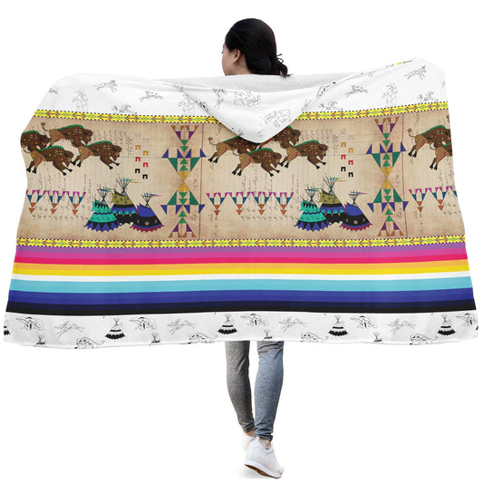 Buffalos Running White Clay Hooded Blanket