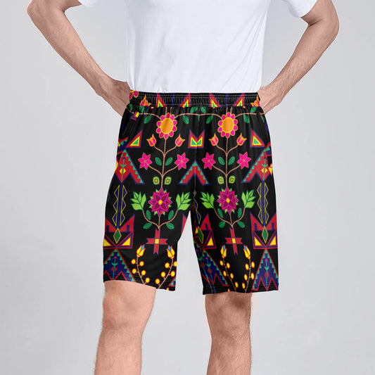 Geometric Floral Spring Black Athletic Shorts with Pockets