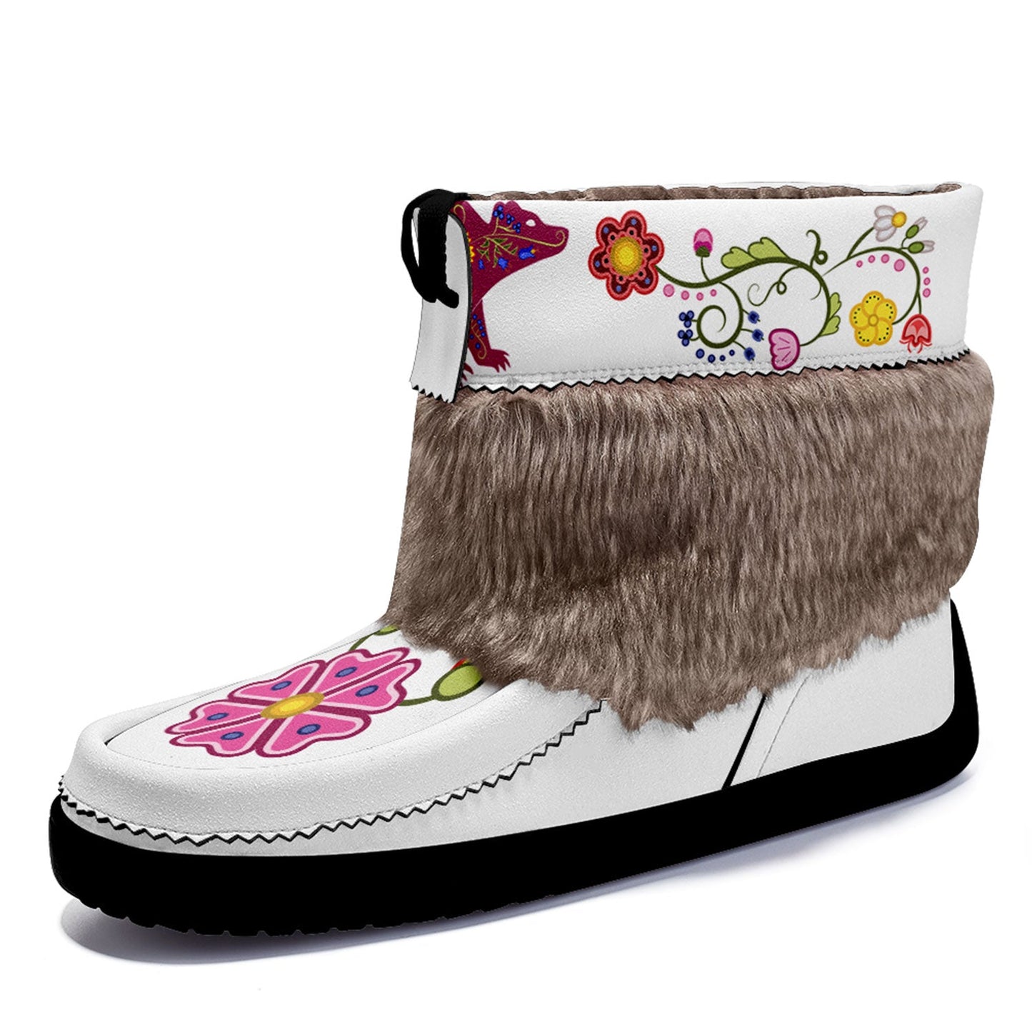 Floral Maskwa White Leather MocLux Short Style with Fur