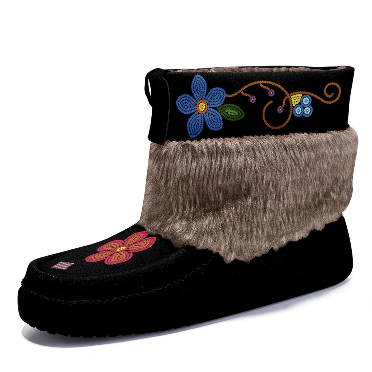 Flower Beadwork People Black Leather MocLux Short Style with Fur