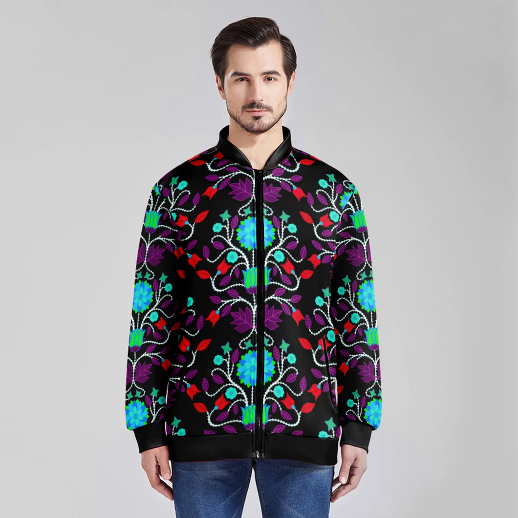 Floral Beadwork Four Clans Winter Zippered Collared Lightweight Jacket