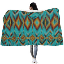 Load image into Gallery viewer, Fire Feather Turquoise Hooded Blanket
