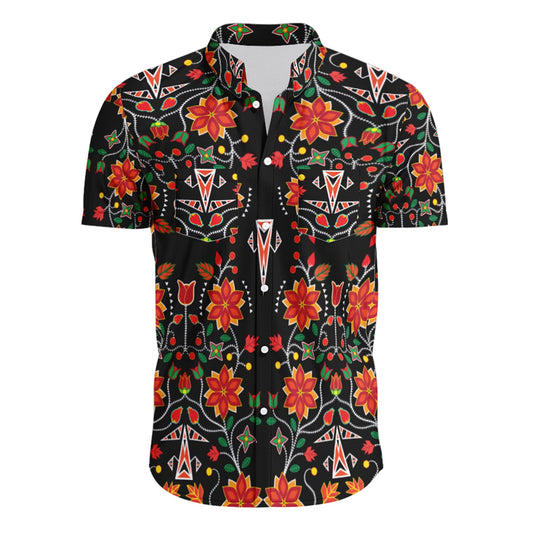 Floral Beadwork Six Bands Short Sleeve Button Up