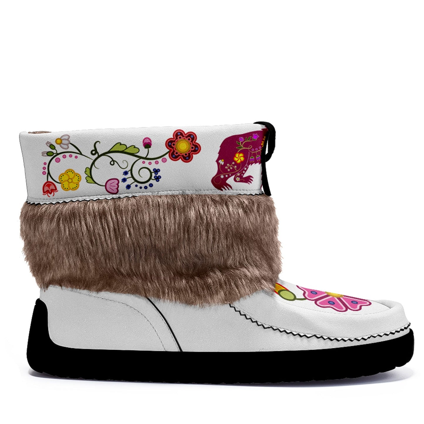 Floral Maskwa White Leather MocLux Short Style with Fur