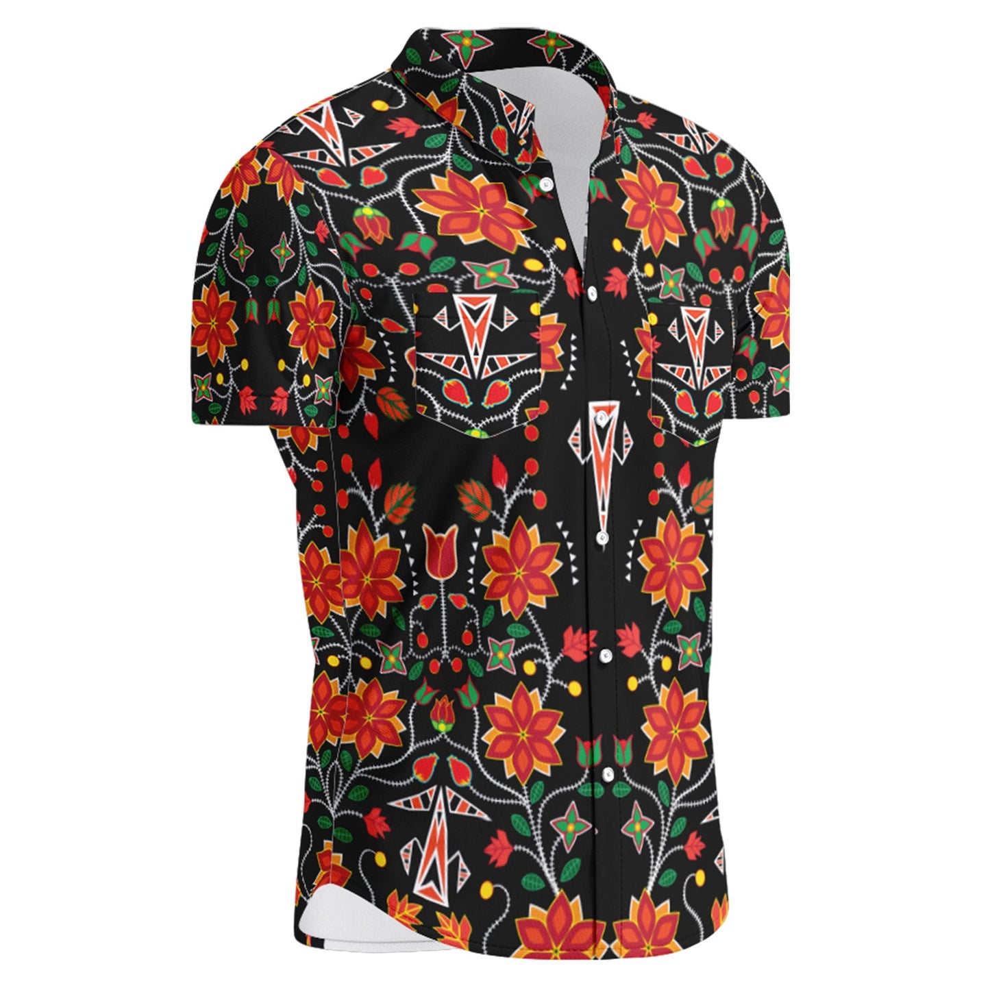 Floral Beadwork Six Bands Short Sleeve Button Up