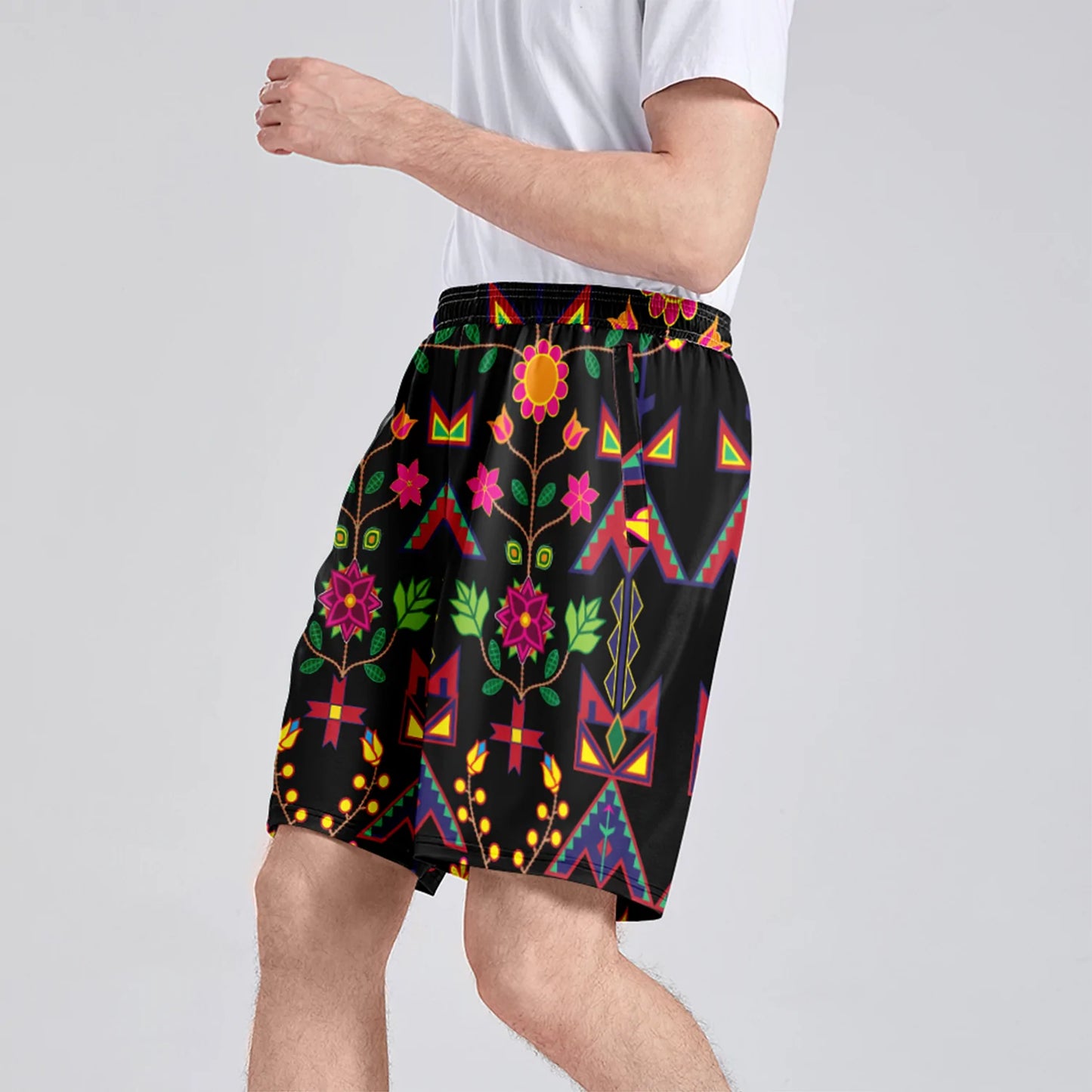 Geometric Floral Spring Black Athletic Shorts with Pockets