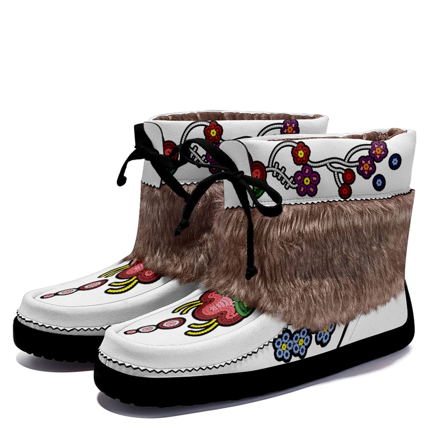 Beaded Gifts White Leather MocLux Short Style with Fur