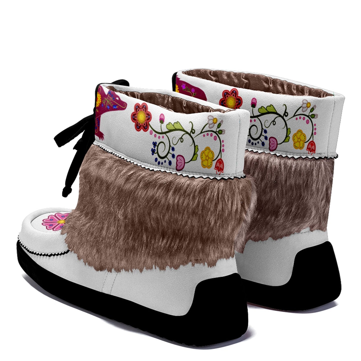 Floral Maskwa White Leather MocLux Short Style with Fur