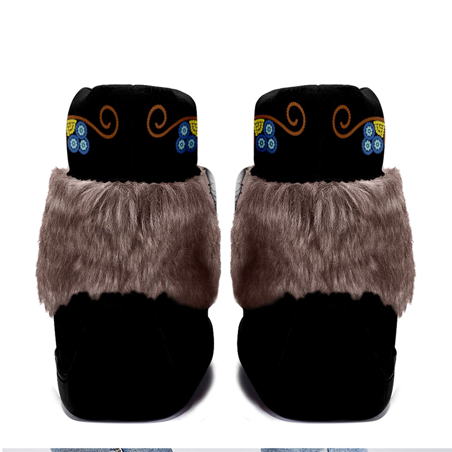 Flower Beadwork People Black Leather MocLux Short Style with Fur