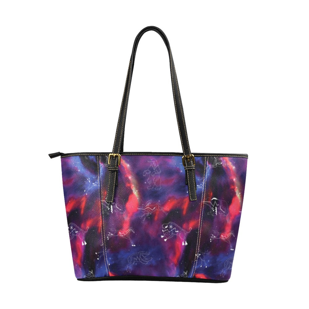 Animal Ancestors 3 Blue Pink Swirl Leather Tote Bag