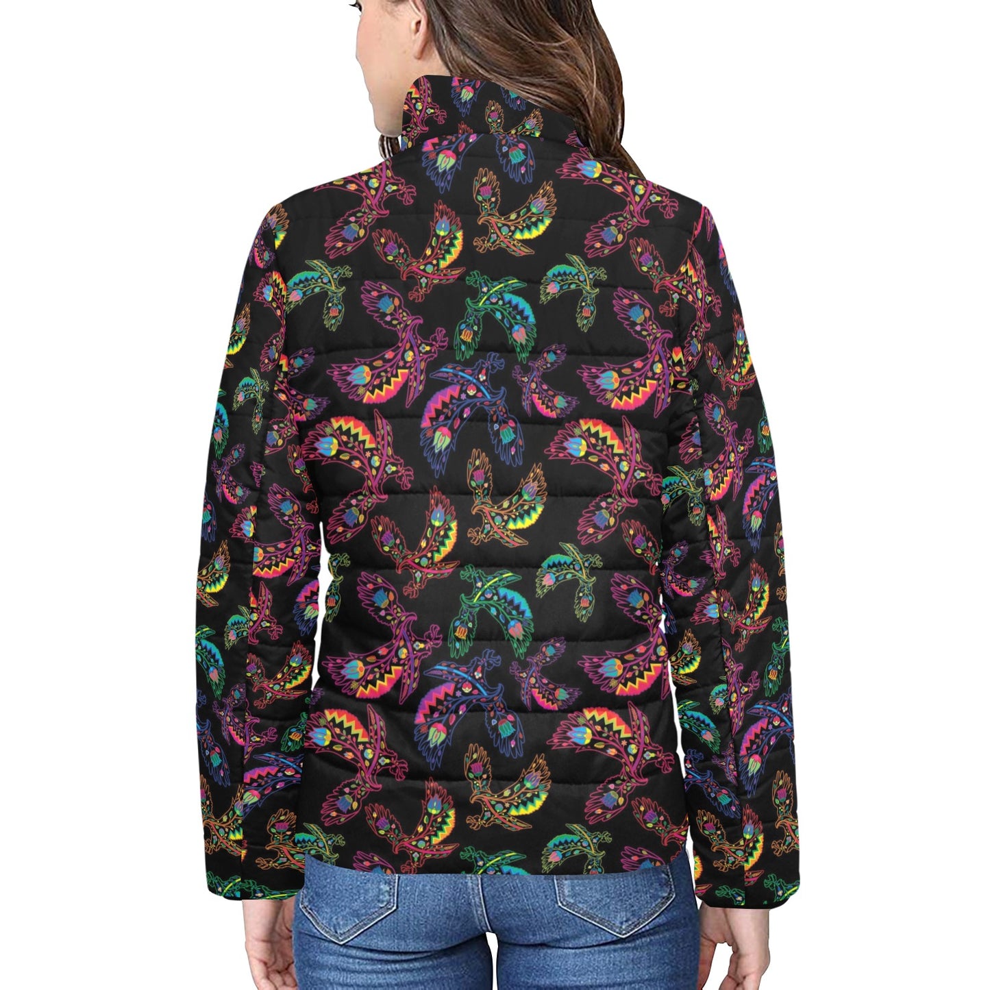 Neon Floral Eagles Women's Stand Collar Padded Jacket