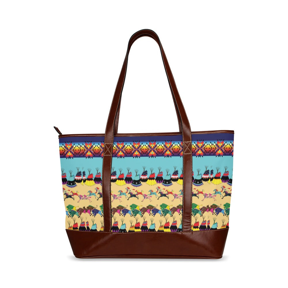 Horses and Buffalo Ledger Blue Tote Handbag