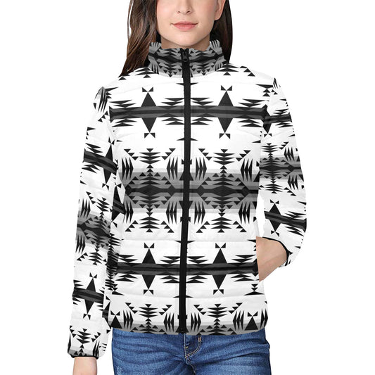 Between the Mountains White and Black Women's Stand Collar Padded Jacket