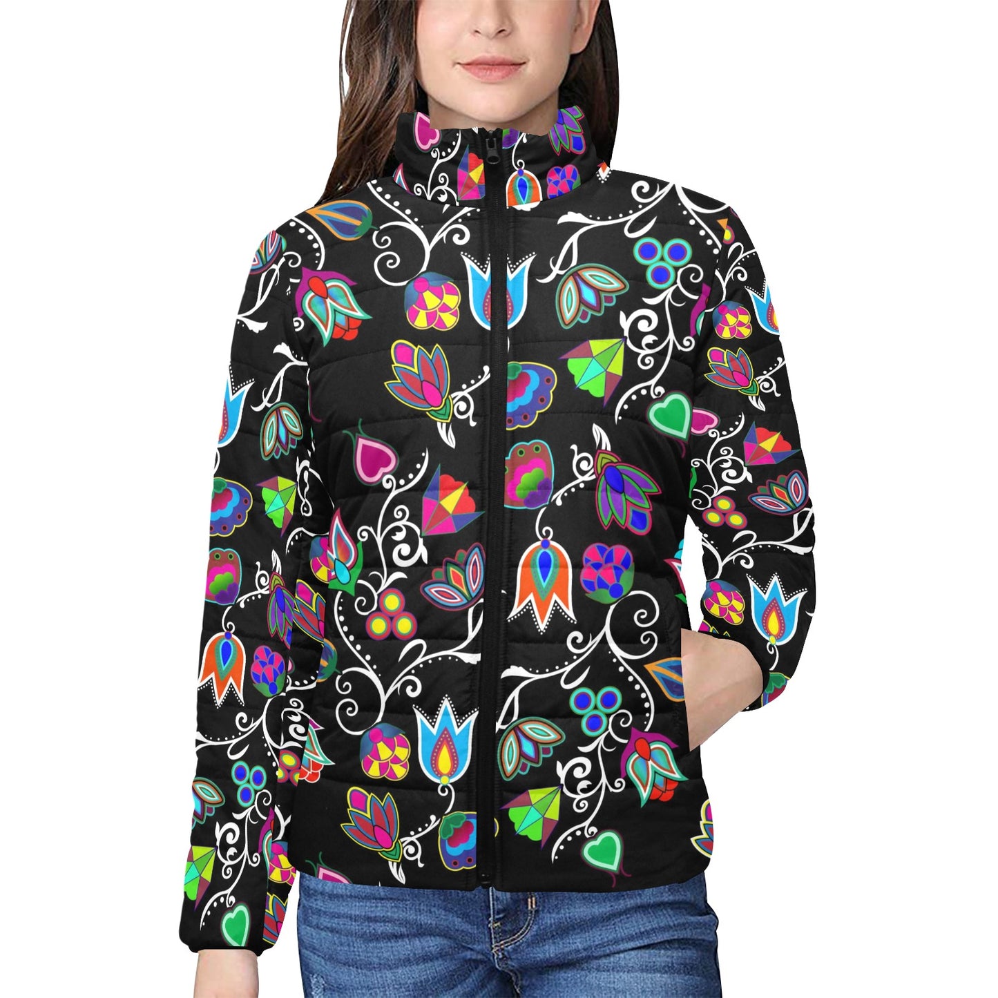 Indigenous Paisley Black Women's Stand Collar Padded Jacket