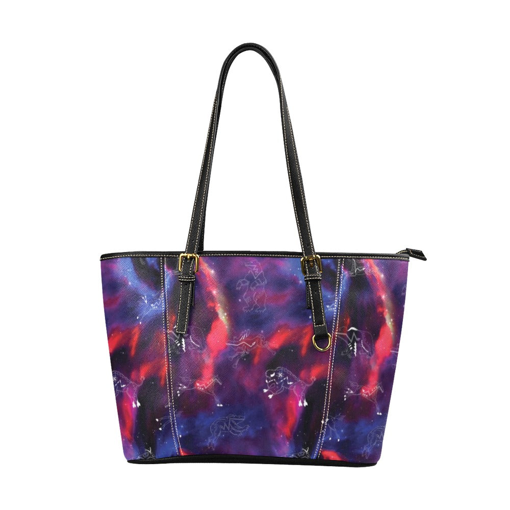 Animal Ancestors 3 Blue Pink Swirl Leather Tote Bag