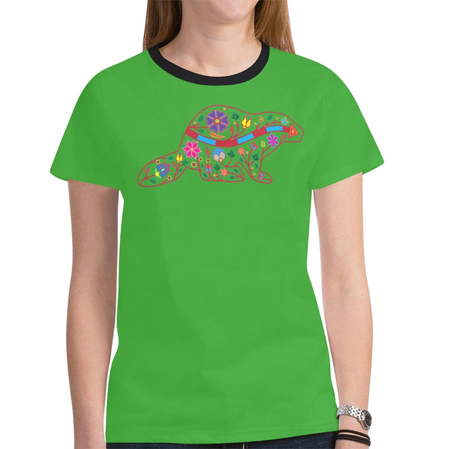 Floral Beaver Spirit Guide Green Tee