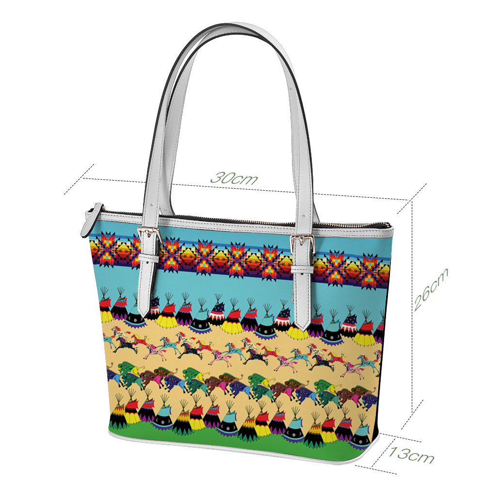 Horses and Buffalo Ledger Turquoise Large Tote Shoulder Bag