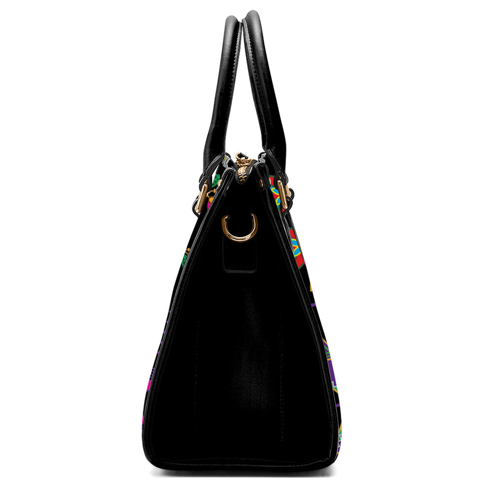 Geometric Floral Fall-Black Convertible Hand or Shoulder Bag