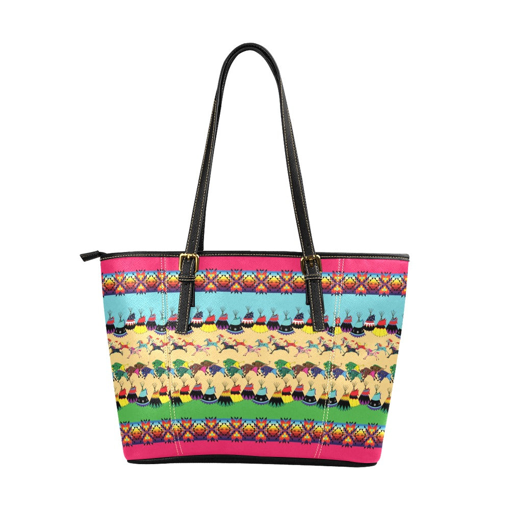 Horses and Buffalo Ledger Pink Leather Tote Bag