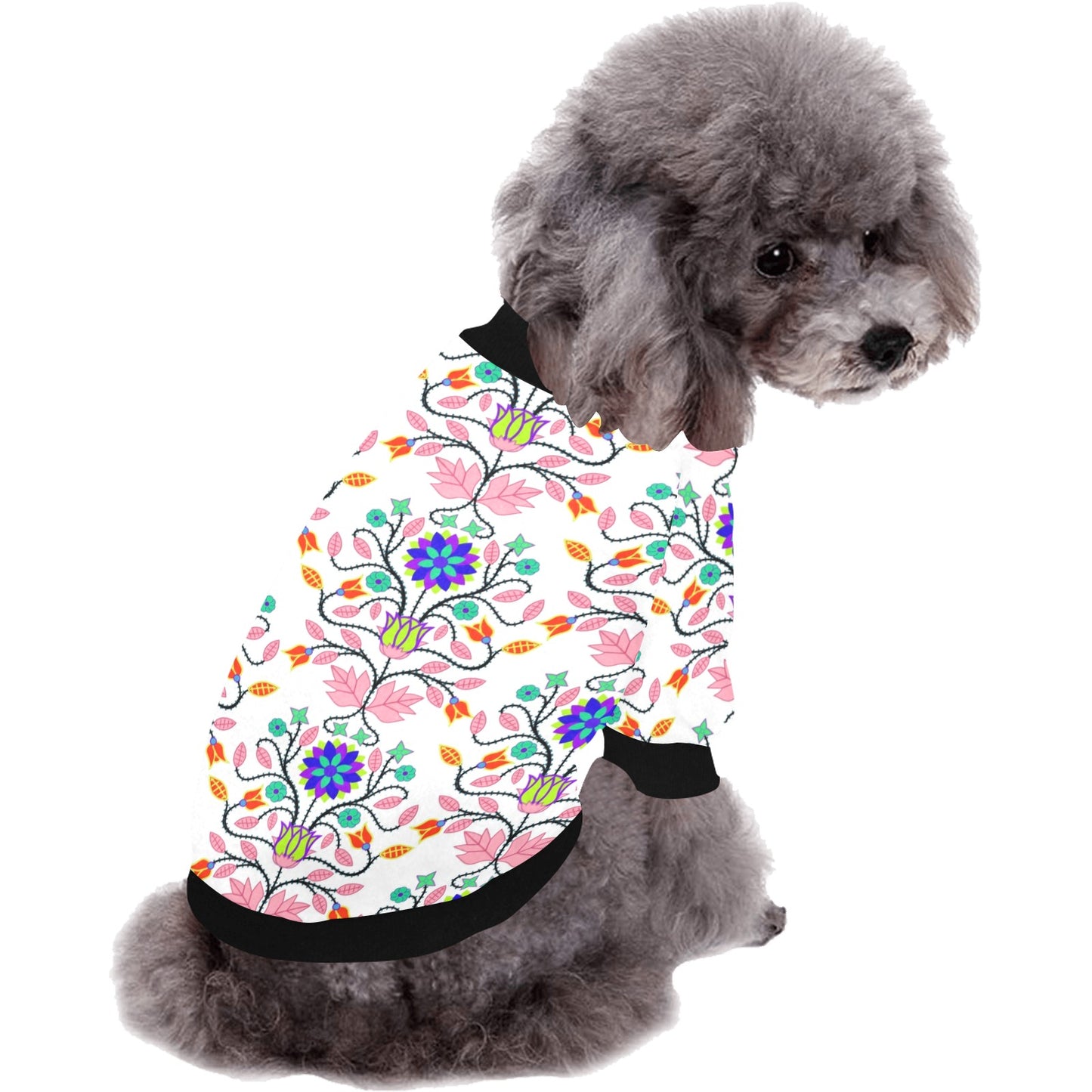 Floral Beadwork Four Clans White Pet Dog Round Neck Shirt