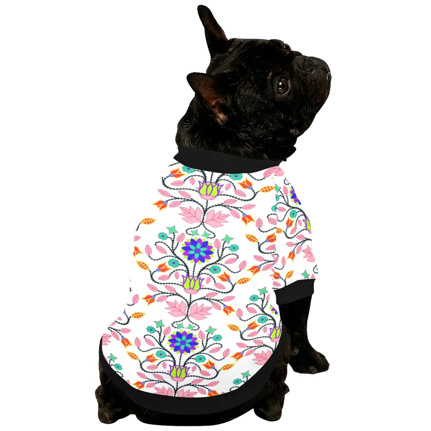 Floral Beadwork Four Clans White Pet Dog Round Neck Shirt