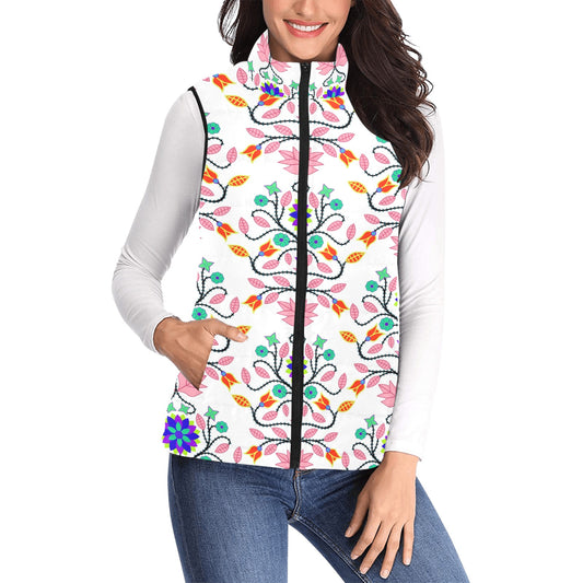 Floral Beadwork Four Clans White Women's Padded Vest Jacket