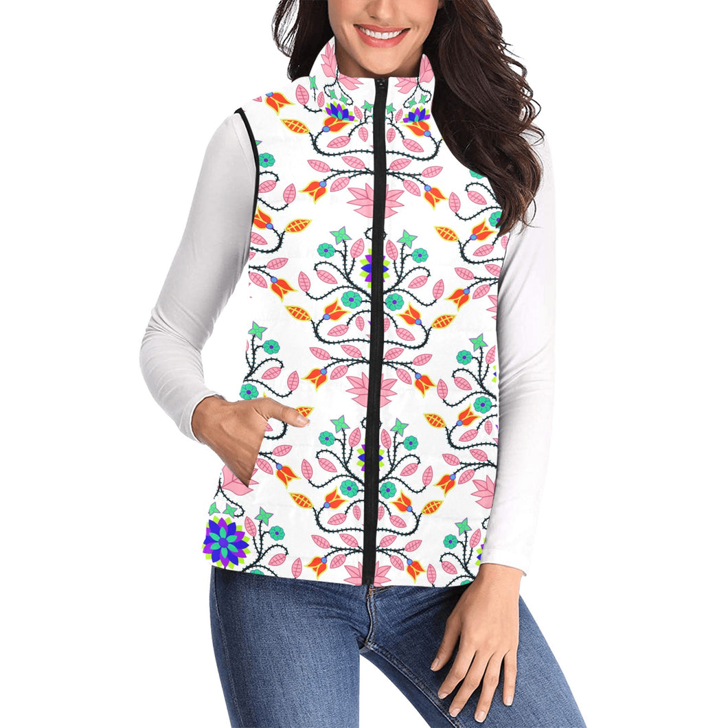 Floral Beadwork Four Clans White Women's Padded Vest Jacket