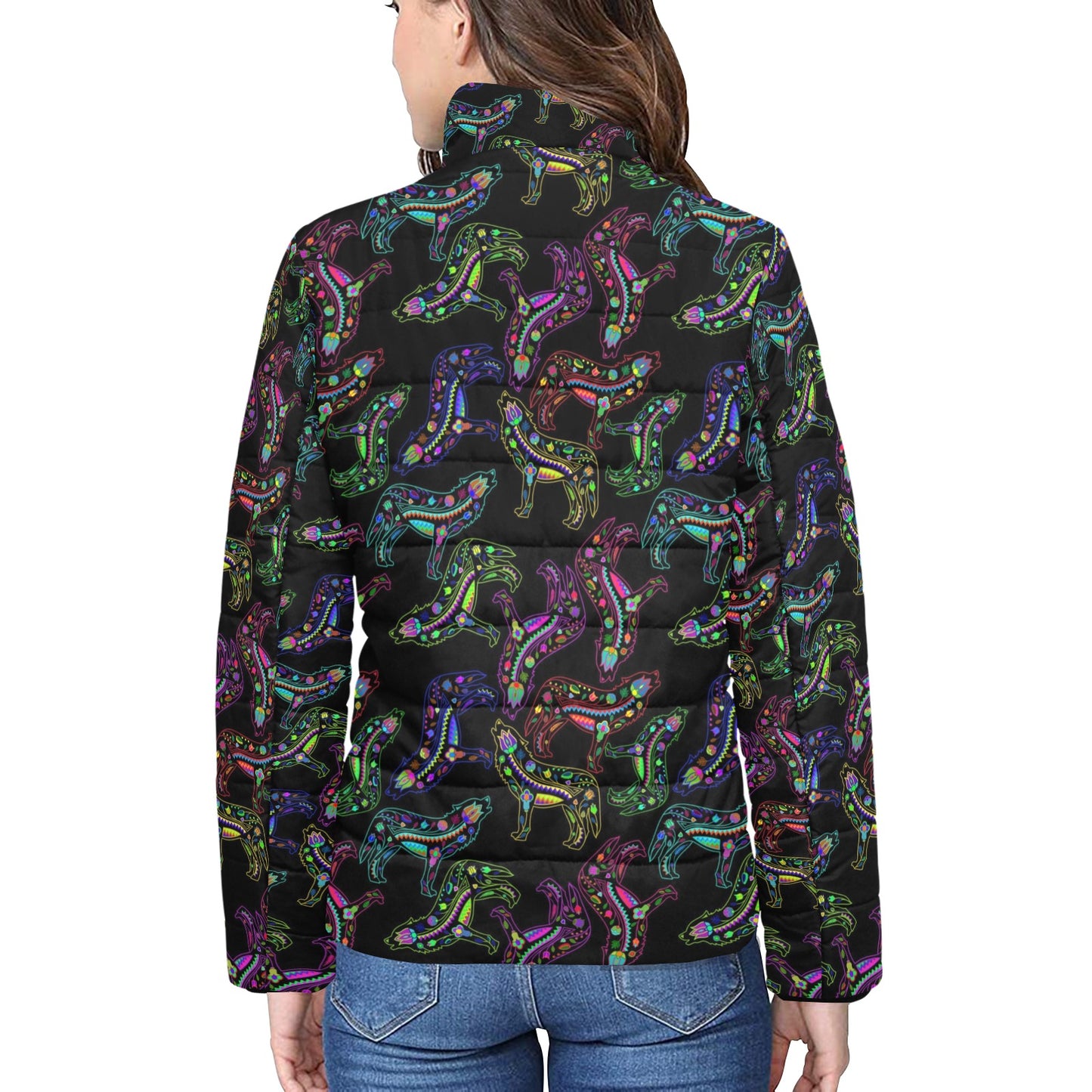 Neon Floral Wolves Women's Stand Collar Padded Jacket