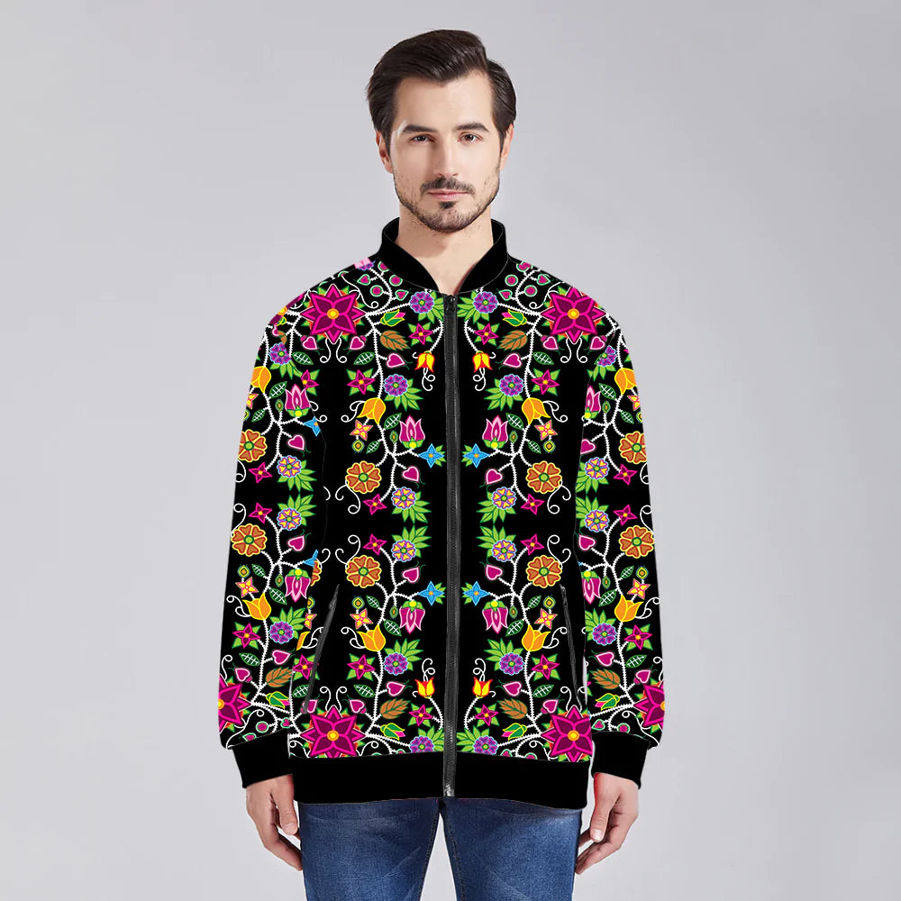 Floral Beadwork Zippered Collared Lightweight Jacket