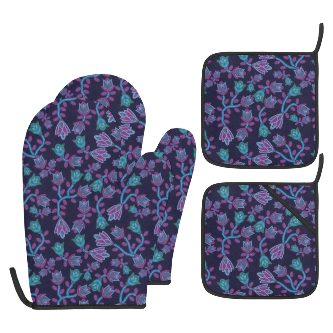 Beaded Blue Nouveau Oven Mitt & Pot Holder