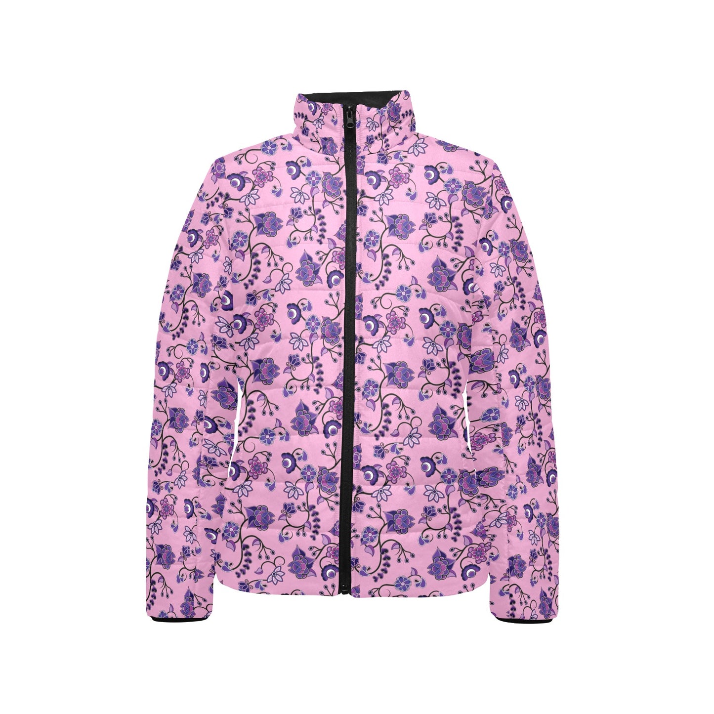 Purple Floral Amour Women's Stand Collar Padded Jacket