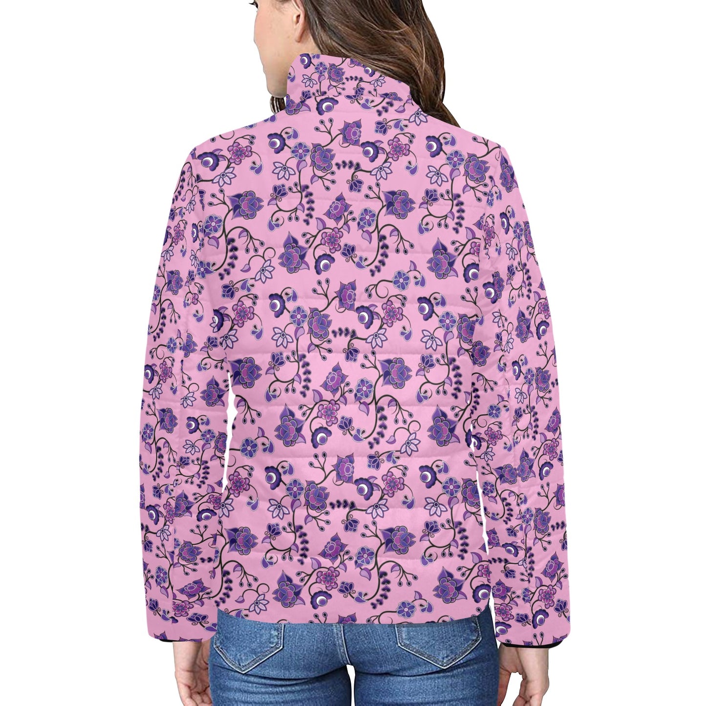 Purple Floral Amour Women's Stand Collar Padded Jacket