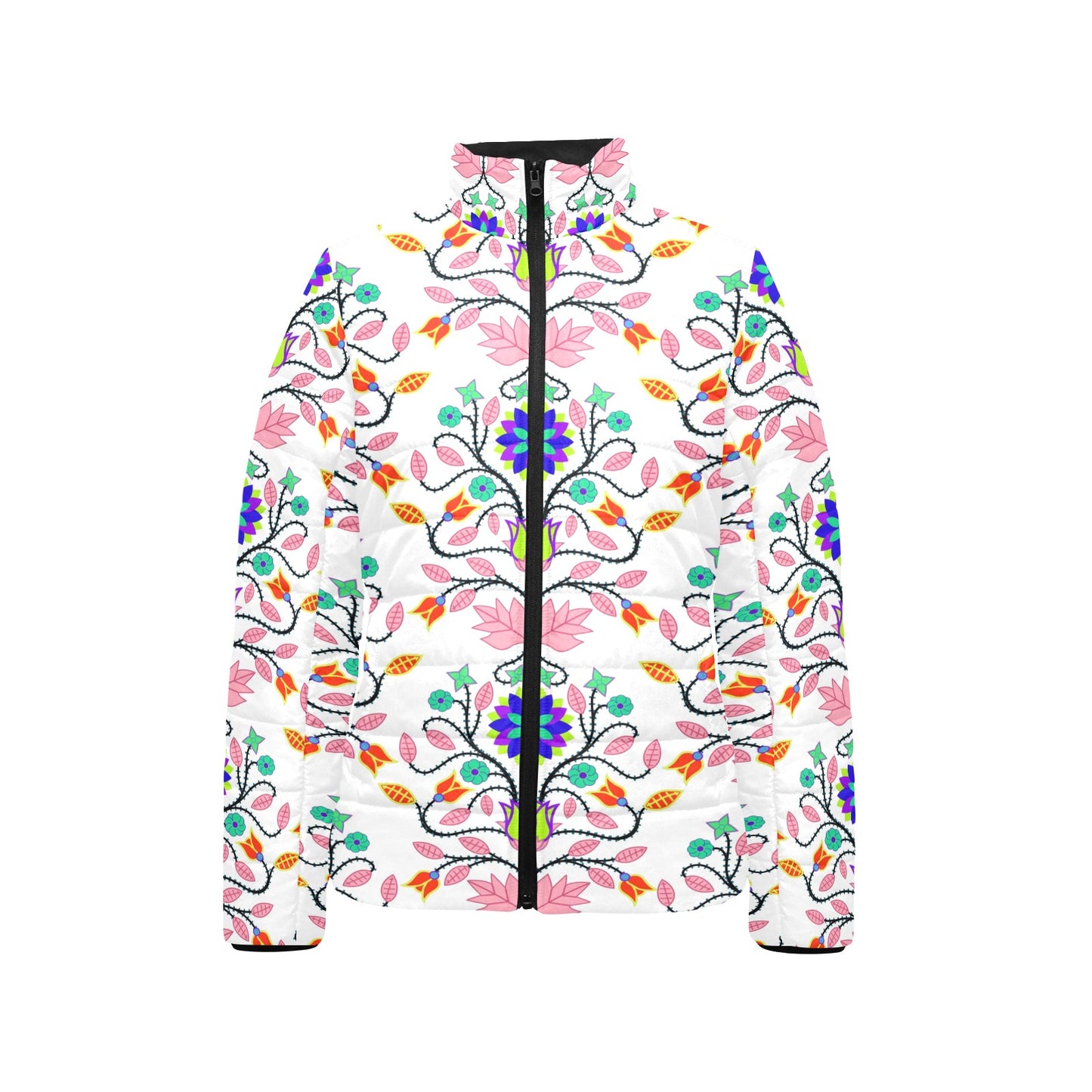 Floral Beadwork Four Clans White Women's Stand Collar Padded Jacket