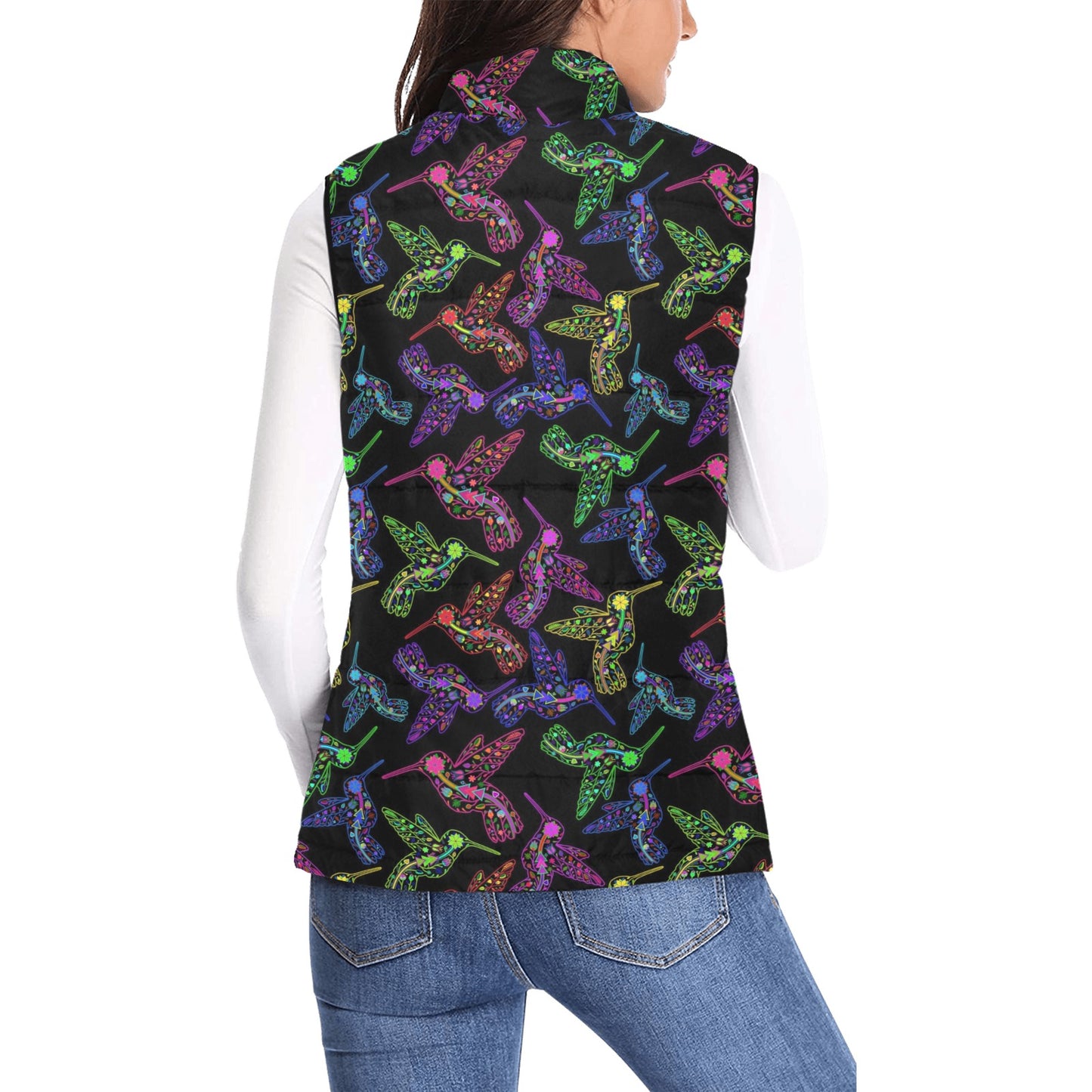 Neon Floral Hummingbirds Women's Padded Vest Jacket