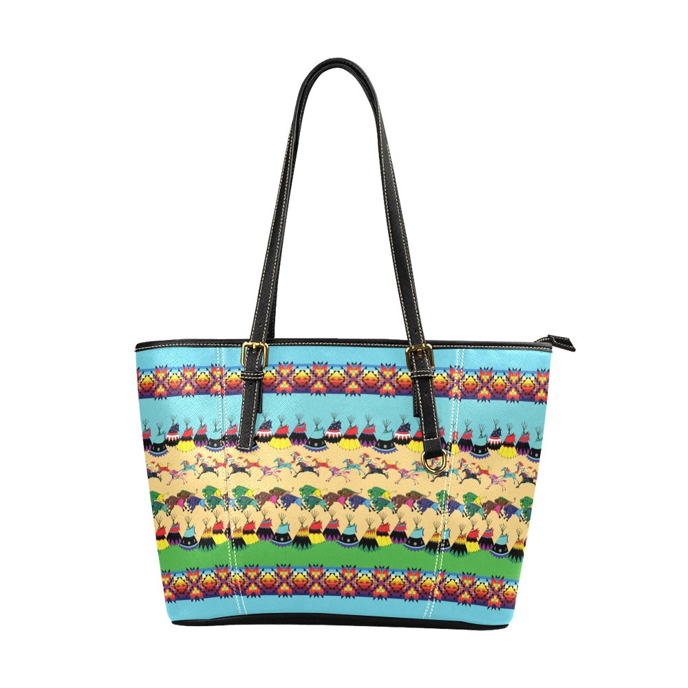 Horses and Buffalo Ledger Torquoise Leather Tote Bag