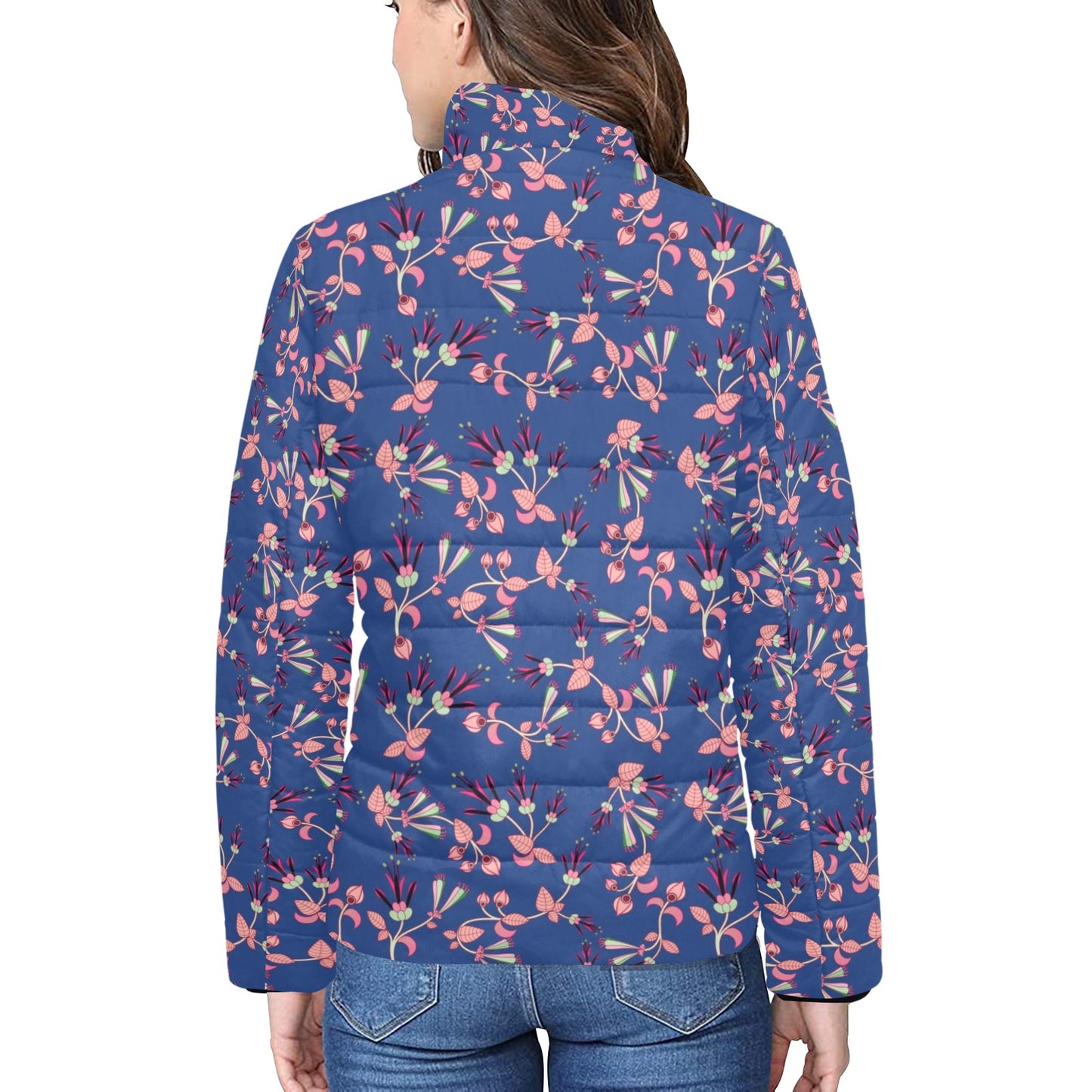 Swift Floral Peach Blue Women's Stand Collar Padded Jacket