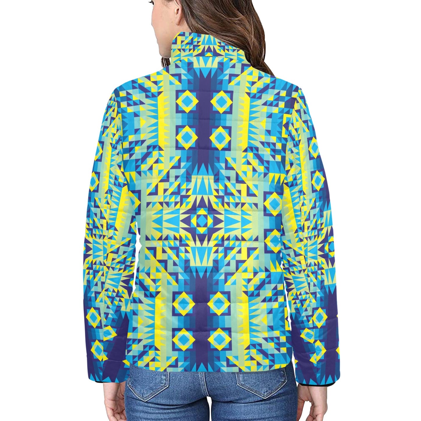 Kaleidoscope Jaune Bleu Women's Stand Collar Padded Jacket