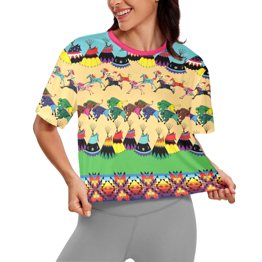 Horses and Buffalo Ledger Pink Crop Top