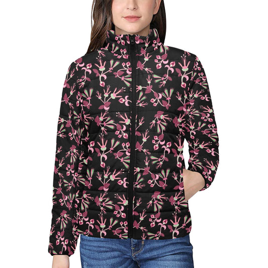 Floral Green Black Women's Stand Collar Padded Jacket