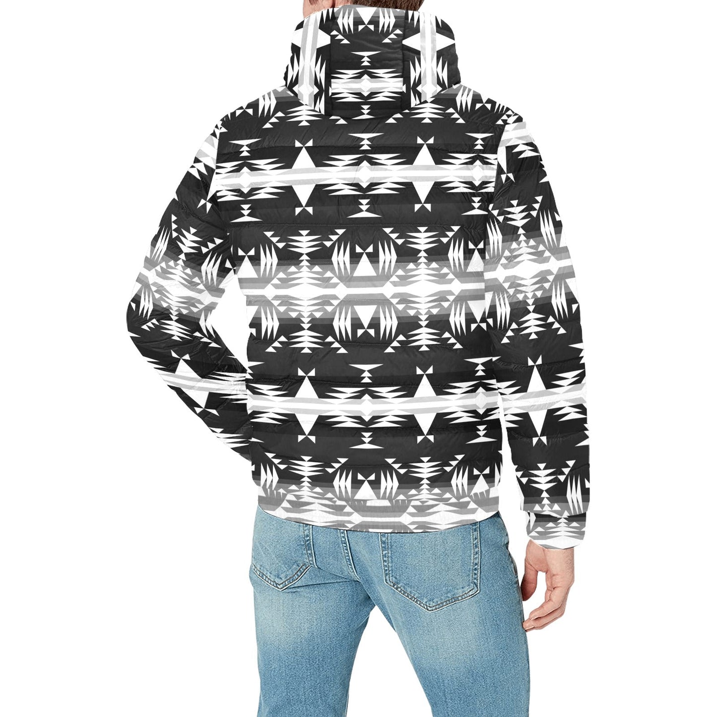 Between the Mountains Black and White Men's Padded Hooded Jacket