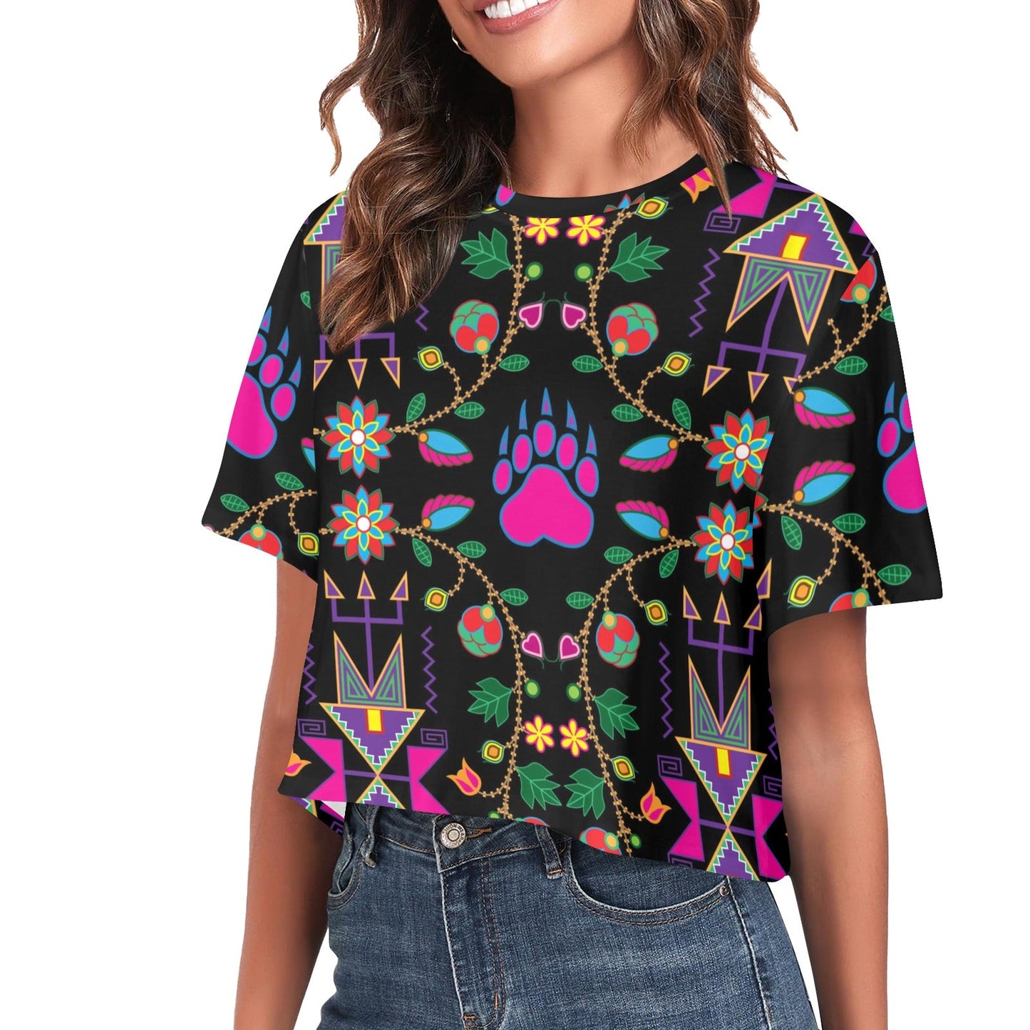 Geometric Floral Fall Black Crop Top