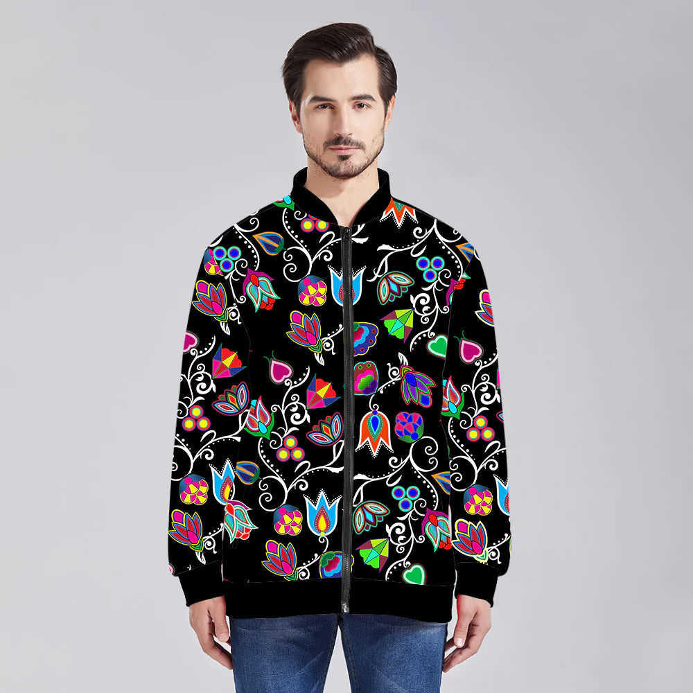 Indigenous Paisley Black White Zippered Collared Lightweight Jacket