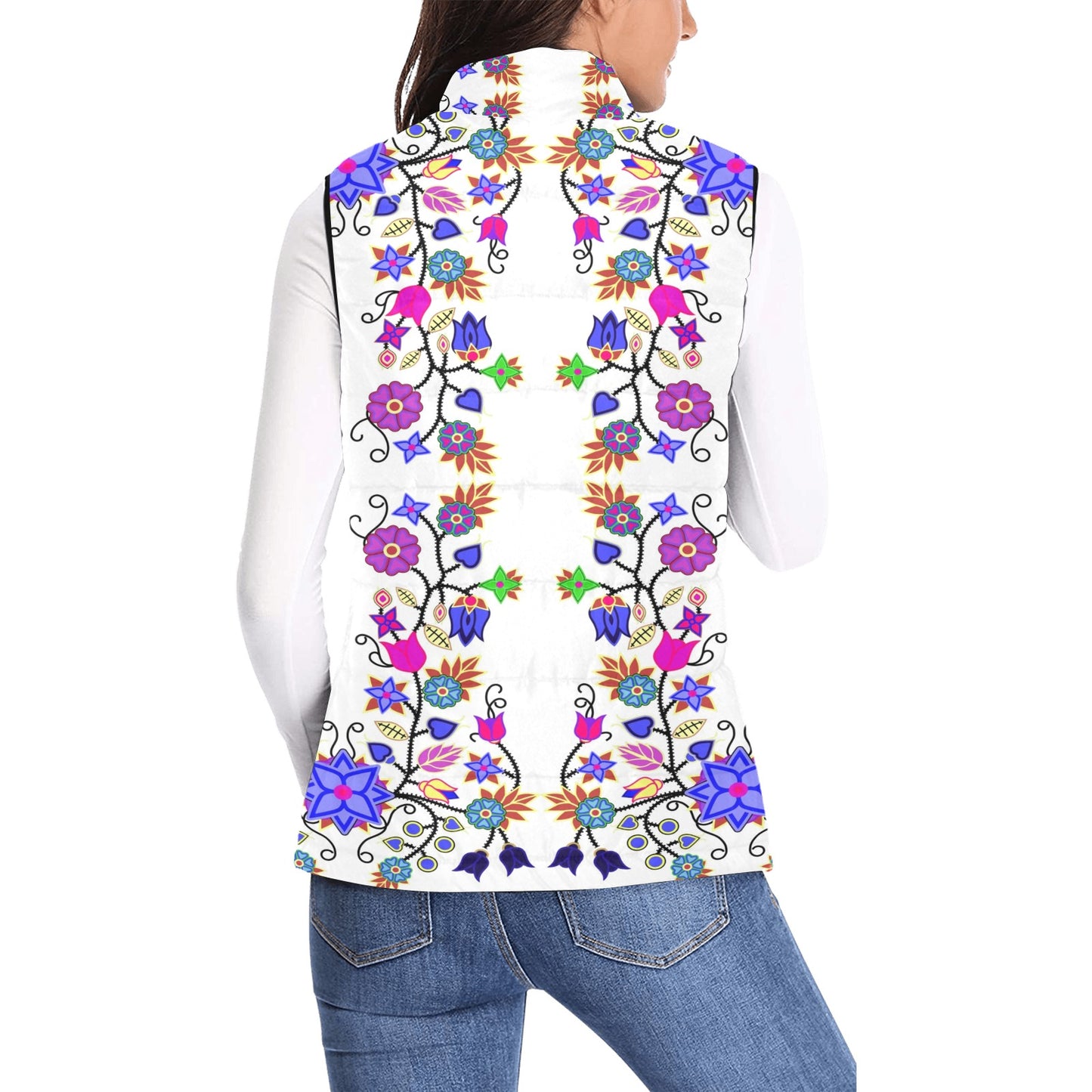 Floral Beadwork Seven Clans White Women's Padded Vest Jacket