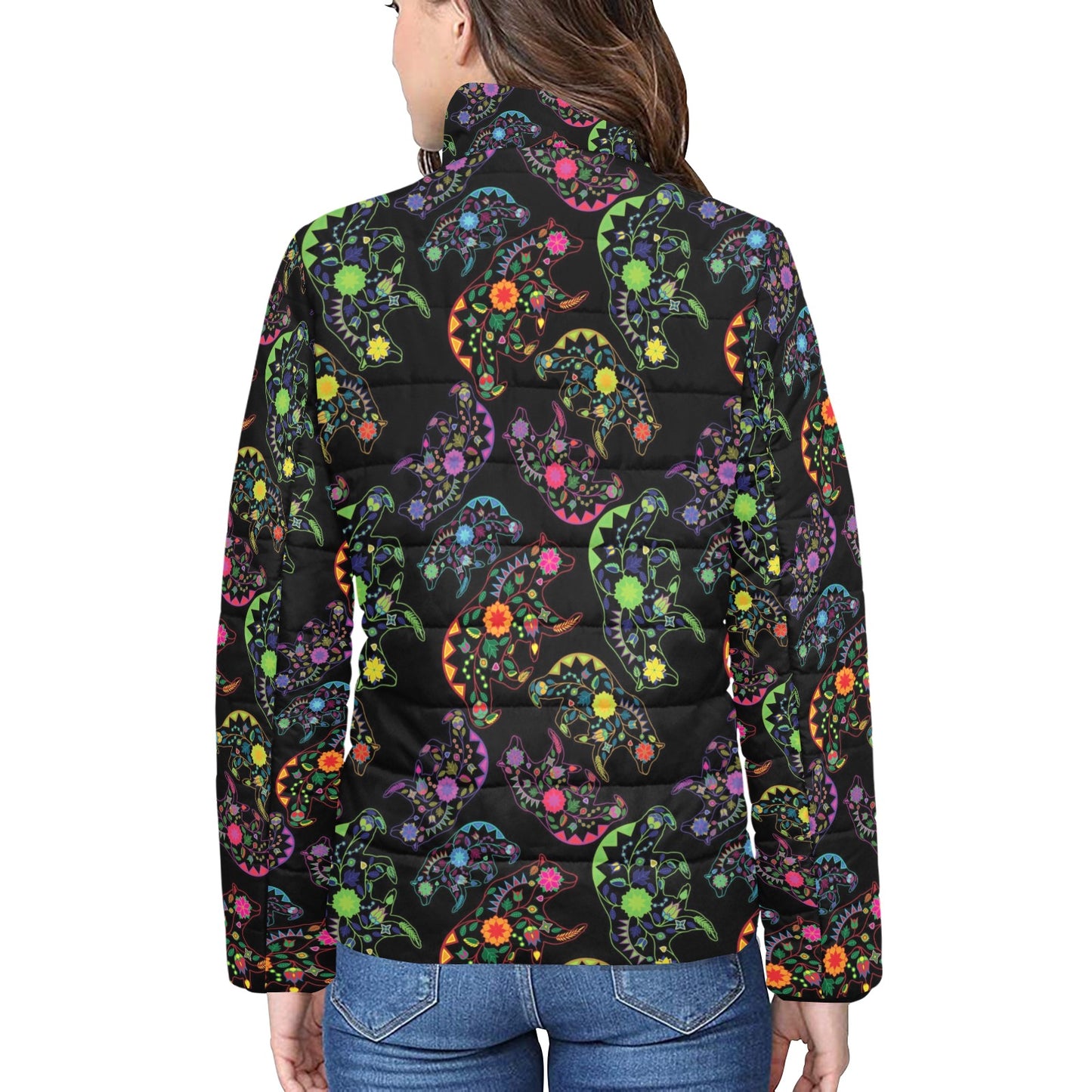 Floral Bear Women's Stand Collar Padded Jacket
