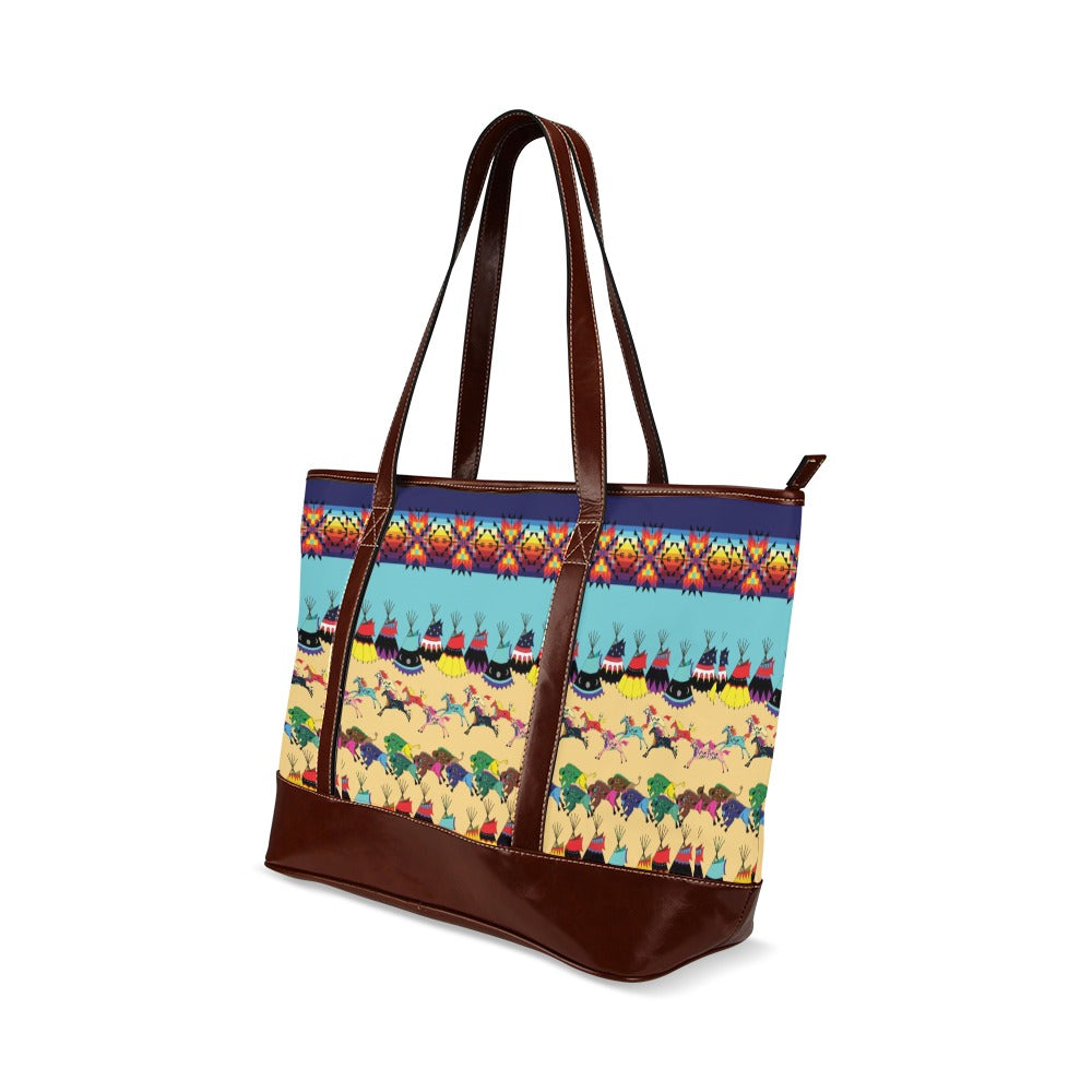 Horses and Buffalo Ledger Blue Tote Handbag