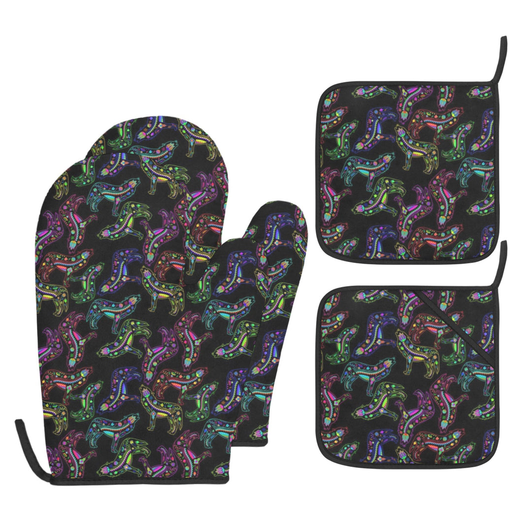 Neon Floral Wolves Oven Mitt & Pot Holder