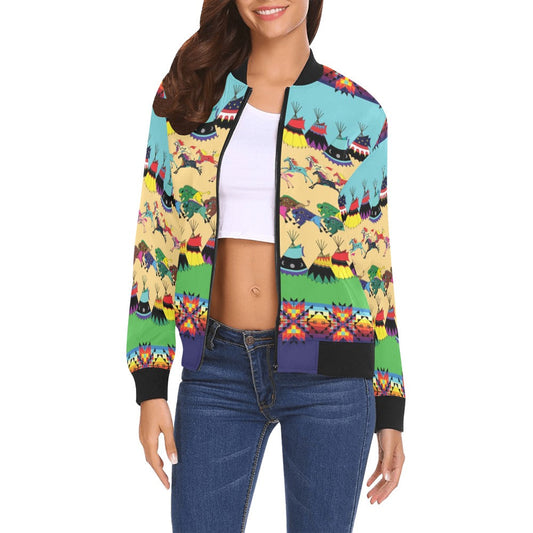 Horses and Buffalo Ledger Blue Bomber Jacket for Women