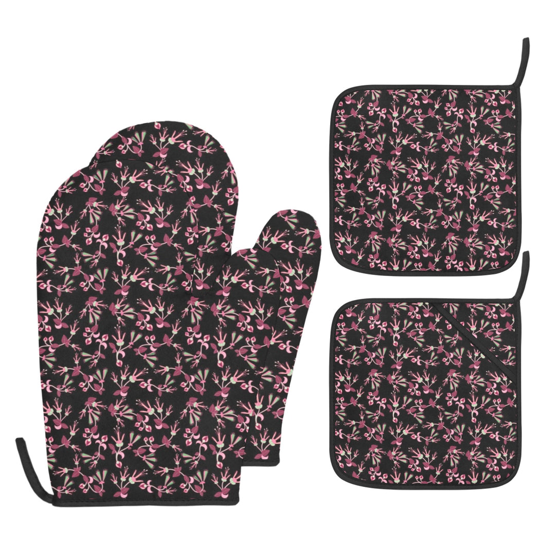 Floral Green Black Oven Mitt & Pot Holder